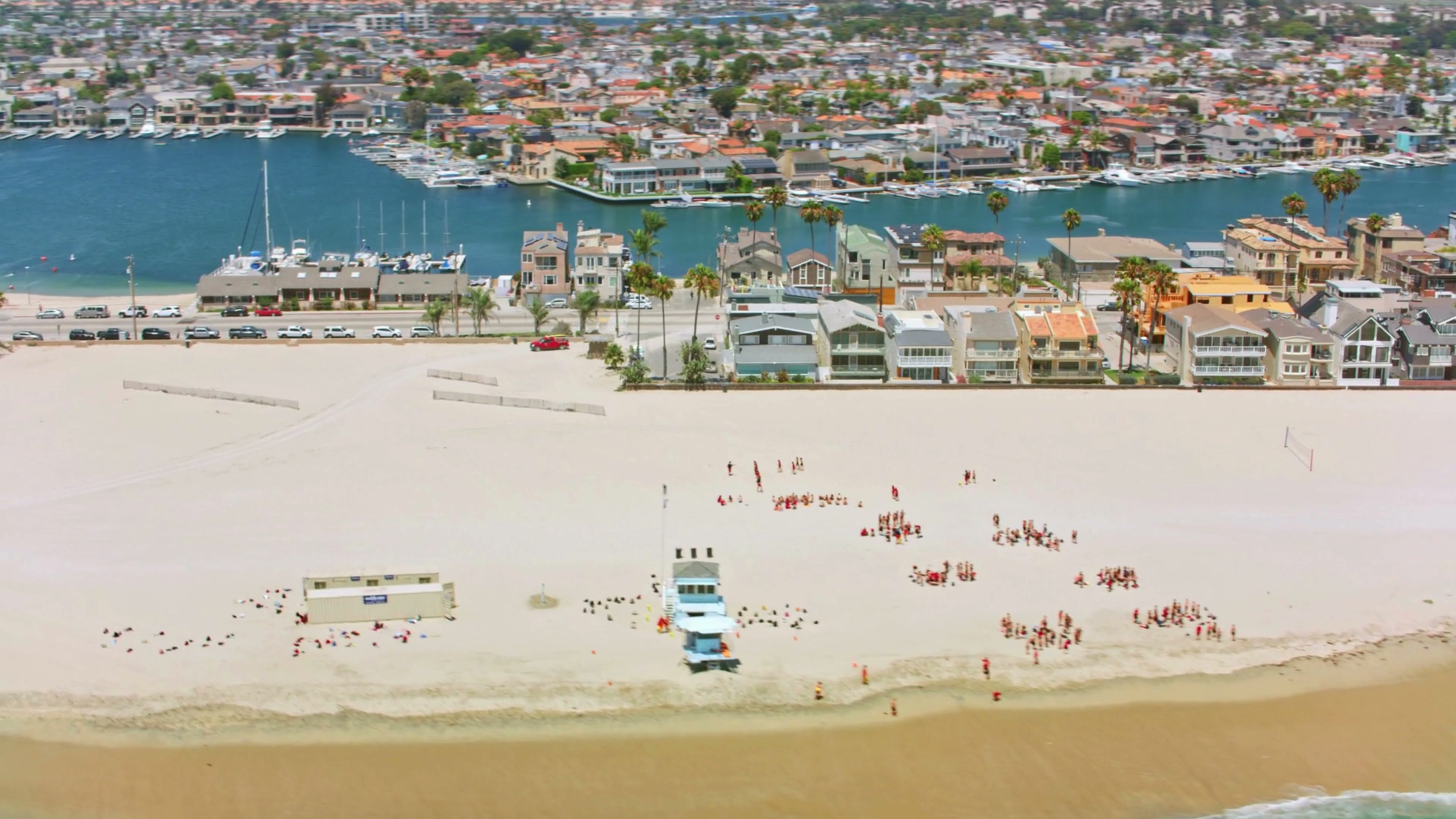 Aerial view of Belmont Shore beach and nearby Long Beach homes