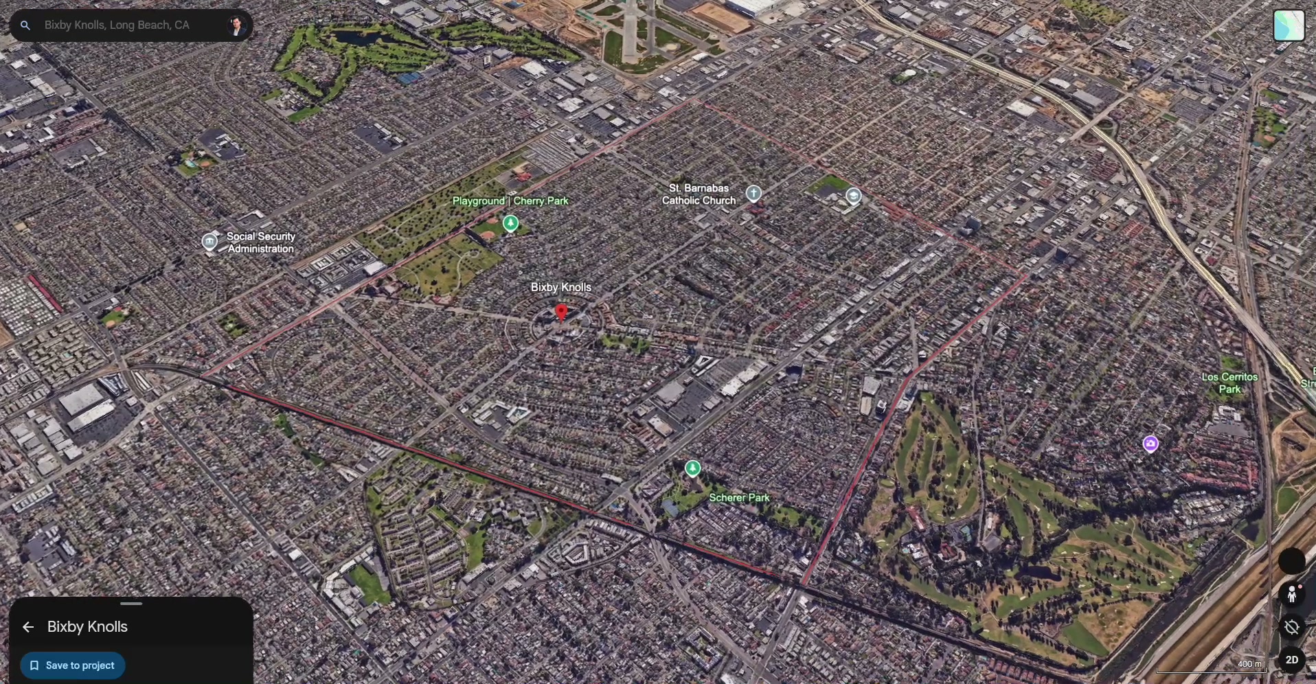 Aerial still of Bixby Knolls and north Long Beach neighborhoods